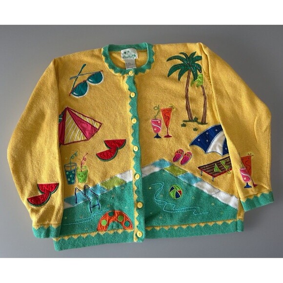 QUACKER FACTORY Summer Theme Cardigan Appliqué Sequins Size Large Button Front - Picture 1 of 10